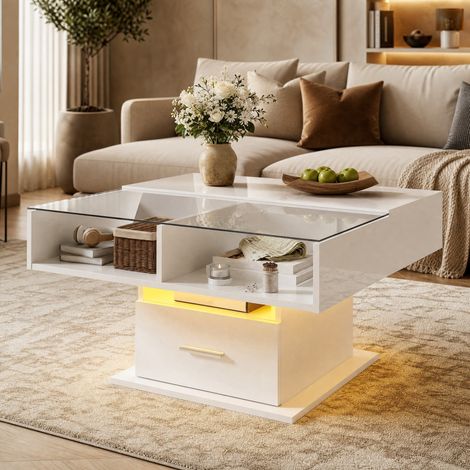 Mesa de centro elevable LED con almacenaje 78 x 78 cm blanca de tablero de partículas DESVIAE (1/4)