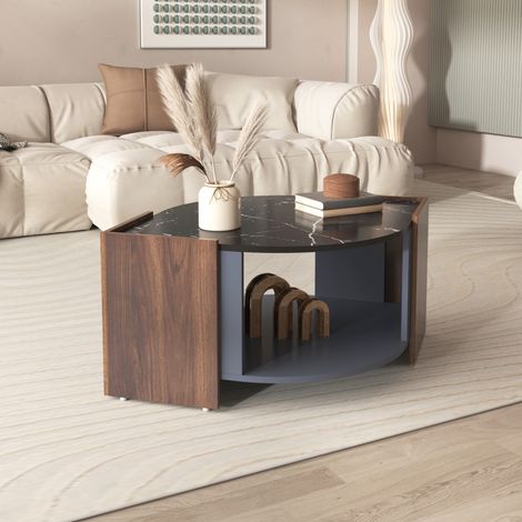 Mesa de centro 96,5 x 63 x 40 cm negra efecto mármol y nogal DESVIAE (1/5)