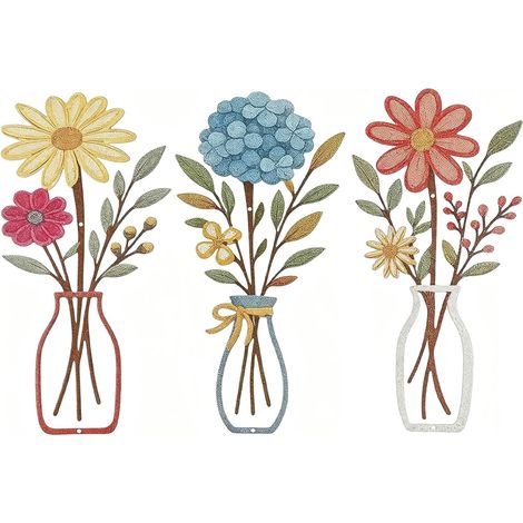 Conjunto de tres adornos de pared de metal, jarrón lleno de flores coloridas, arte de pared minimalista en 3D (1/5)