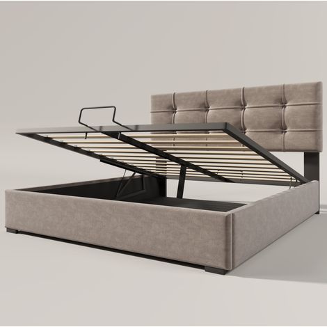Cama baúl doble 140x200 en terciopelo gris claro con cabecero regulable HOMVRA (1/5)