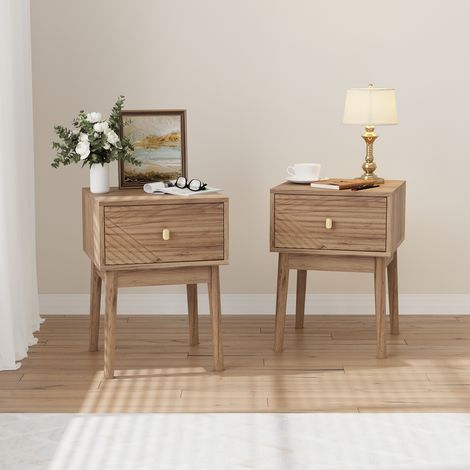 Mesita de noche juego de 2 - 40 x 40 x 55 cm dormitorio mesa auxiliar con cajones y tiradores de metal - madera mdf patas de madera maciza - roble natural (1/5)