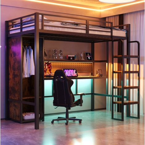 CHICFURN Cama alta 90x200 cm de metal negro con escritorio, armario, estantes y LED multicolor (1/5)