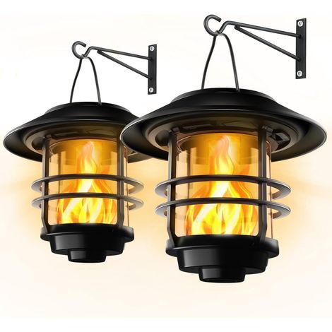 Paquet de 2 lanternes d'extérieur solaires à flammes vacillantes, appliques solaires murales, lampes solaires suspendues, support mural pour porche (1/5)