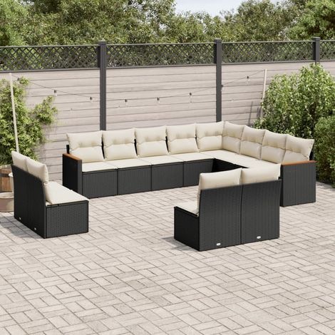 Salon de jardin 12 places en résine tressée noire avec coussins modulables (1/5)