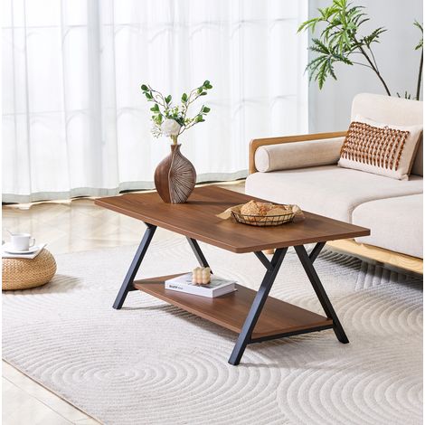 Table basse industrielle 110x57x44,5 cm avec rangement, plateau effet noyer et structure métal noir MDF (1/5)
