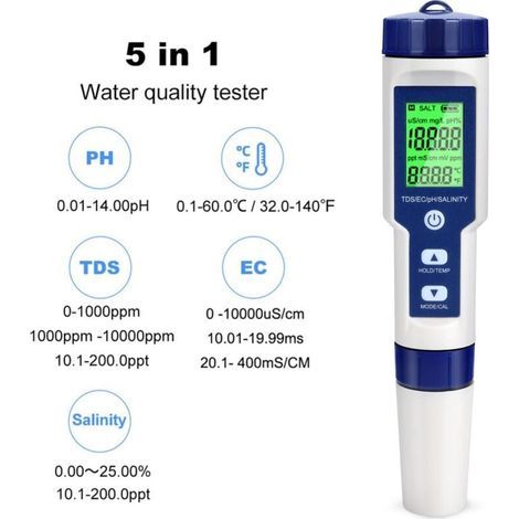 pH-mètre électronique, testeur de pH 5 en 1 pour piscines avec rétroéclairage, pH/TDS/EC/salinité/température avec ATC, pH-mètre haute précision avec une résolution de 0,01, pour eau potable, aquarium (1/4)