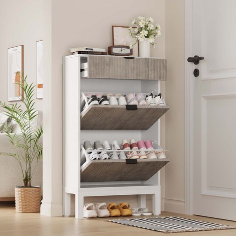 Meuble à chaussures 2 Tiroirs Basculants+1 Tiroir Blanc‑Gris 8‑12 Paires (1/5)