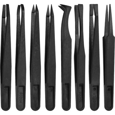 Un ensemble de 8 pinces de précision multifonctionnelles en plastique antistatique, comprenant des pinces diagonales à tête plate et des pinces à tête coudée.