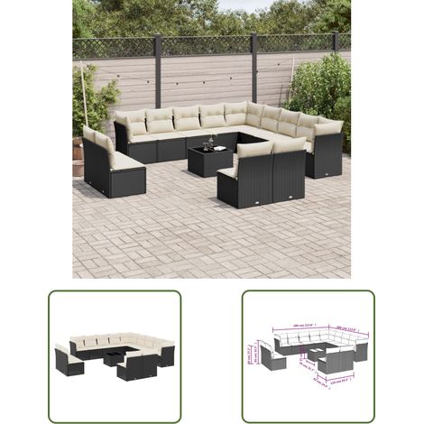 The Living Store 14-tlg. Garten-Sofagarnitur mit Kissen Schwarz Poly Rattan - Gartenmöbel Set - PE-Rattan Möbel - Outdoor Sofa - Esstisch - Lounge Gruppe (1/3)
