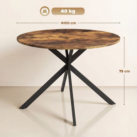 Table ronde industrielle pour 4 personnes, piètement acier robuste, pour salle à manger, brun, plateau authentique et structure stable, style vintage (1/5)