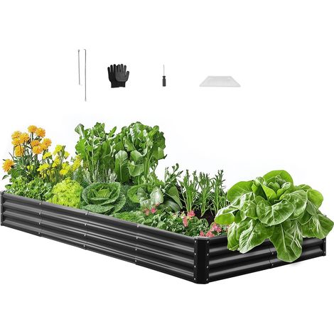 Potager Surélevé Métal 240x120x29 cm Carré Potager Surélevé Galvalume Lit de Jardin Fond Ouvert Bac de Jardinage pour Culture de Légumes Fleurs Herbes Aromatiques Plantes Grasses, Gris Foncé (1/5)