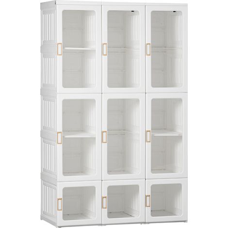 Portable Clothes Wardrobe for Bedroom, Foldable Clothes Organiser with Cube Storage, Hanging Rods, Magnet Doors, White