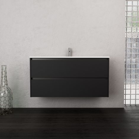 Inda - Badezimmerschrank 2 Schubladen B.120 mit mattiertem Waschbecken / Mattschwarz - Smeraldo