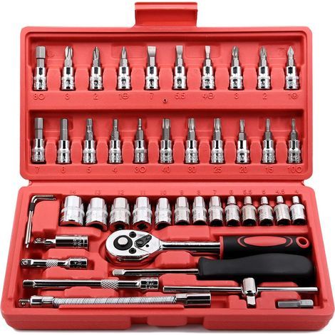 Lot de 46 douilles et ensembles d'outils de 6,35 mm, jeu de clés à cliquet avec jeu de douilles métriques et barre d'extension pour bricolage, réparation automobile et maison avec étui de (1/5)