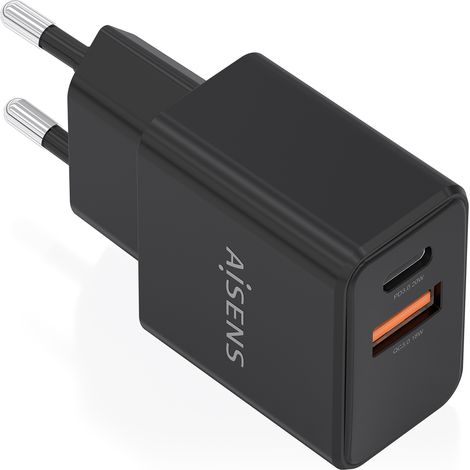 AISENS Cargador GaN 20W, 1xUSB-C PD3.0, 1xUSB-A QC3.0, Negro