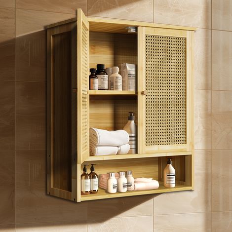 Unho – Armoire murale de salle de bain en bambou 59x20.5x66.5cm – Portes en rotin ajouré avec fermeture magnétique – Rangement efficace pour petits espaces (1/5)