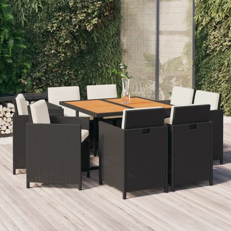 Set de comedor de jardín 9 pzas y cojines ratán sintético negro vidaXL
