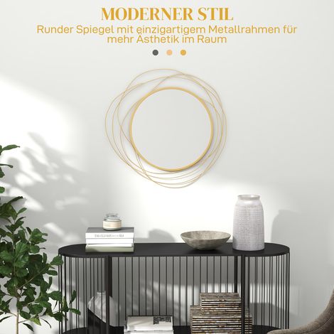 Miroir mural design rond 65 cm de diamètre, cadre métallique doré, décoration intérieure moderne