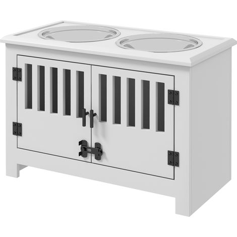Mangeoire pour chien surélevée avec 2 gamelles en acier inoxydable 2x2 L, rangement 37 L et 2 portes avec loquets, blanc (1/5)