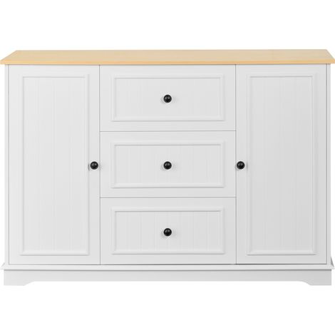 Aparador buffet de MDF con 3 cajones y 2 puertas, 126 x 40 x 86 cm, blanco y madera clara HOMVRA (1/5)