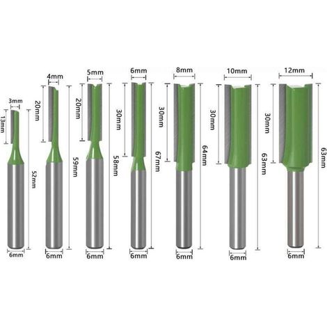 Lot de 7 fraises à bois professionnelles (3-12mm) - Tige 6mm double cannelure - Pour défonceuse & menuiserie