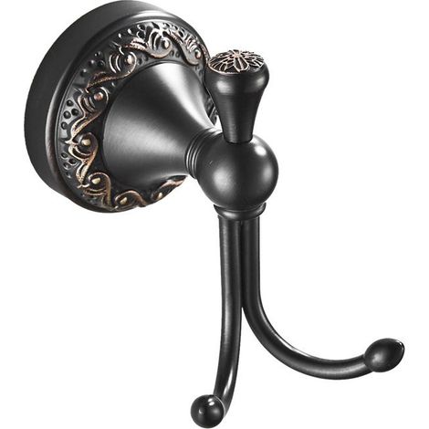 Patères doubles en bronze huilé, Crochet double pour manteau Antique noirs, porte-manteau en Retro Laiton, vintage accessoire de salle de bain, montage mural (1/5)