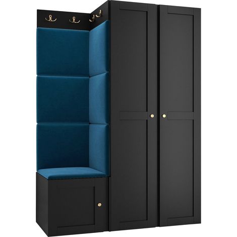 Meuble d'entrée Hartford 379, Noir, 186x116x46cm, MDF, Stratifié, Tissu, Murale, À poser