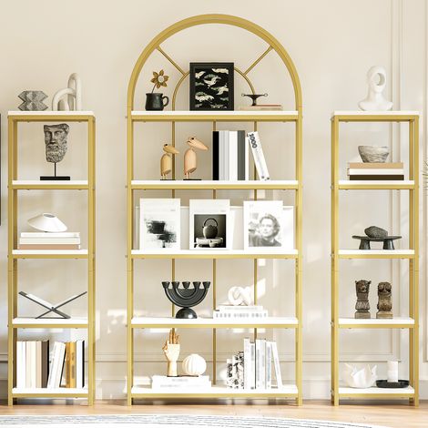 163×30×184 cm – Rangement modulaire pour livres, avec cadre en métal doré et planches en MDF blanches. Structure en trois parties, conçue pour un design harmonieux.Rangement pour livres. (1/4)