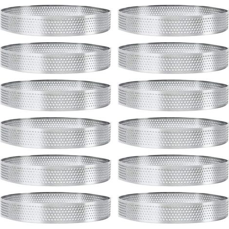 12 moules ronds en acier inoxydable de 10 cm de diamètre, perforés, pour tartes aux fruits, quiches, gâteaux, mousses, moules de cuisine (1/5)