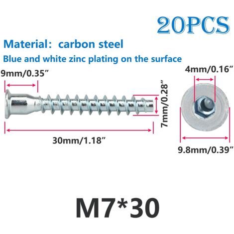 20 pieces M7x30mm mounting screws, connecting screws, socket head cap screws, confirming screws for furniture, wood screws for a stable connection--DTEKGAZ
