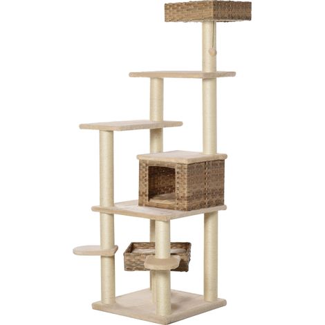 Arbre à chat en rotin avec niche, arbre à chat à plusieurs niveaux, arbre à chat grimpant, MDF E1 en sisal, beige et marron, 55 x 55 x 174 cm
