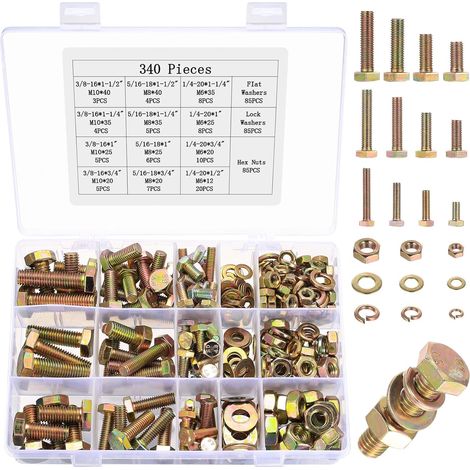 Lot de 340 vis M6 M8 M10 à tête hexagonale en zinc - Assortiment de vis cylindriques avec écrous et rondelles (1/5)