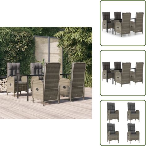 Cuscini per seduta - vidaXL Set da Pranzo Giardino 5pz Nero e Grigio con Cuscini Polyrattan - Tavolo in vetro temperato