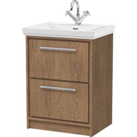 Longnor 2 Drawer Floor Standing Vanity Unit with 1 Tap Hole Traditional Fireclay Basin, Antique Oak, 600mm