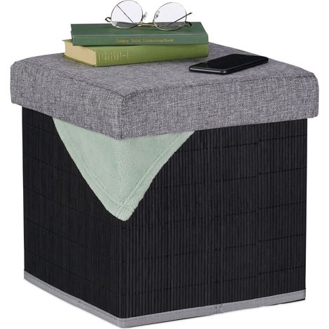 Relaxdays Pouf Contenitore Pieghevole, Sgabello in Bambù, Poggiapiedi Imbottito, HxLxP: 36 x 35 x 35 cm, Nero Grigio