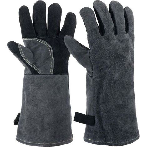 Gants de protection thermique en cuir pour barbecue, 40 cm, pour feu, soudure, cheminée, four, cuisine, poêle à frire (1/4)