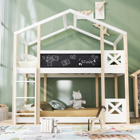 DESVIAE Lit superposé enfant cabane avec échelle et tableau 90 x 200 cm bois massif blanc et naturel 2 sommiers à lattes (1/5)
