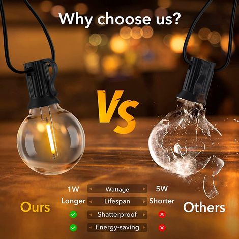 Luci decorative da esterno G40 da 30 m con 50 lampadine LED impermeabili a luce bianca calda per giardino, patio, feste, matrimoni, Natale e altro. (1/4)