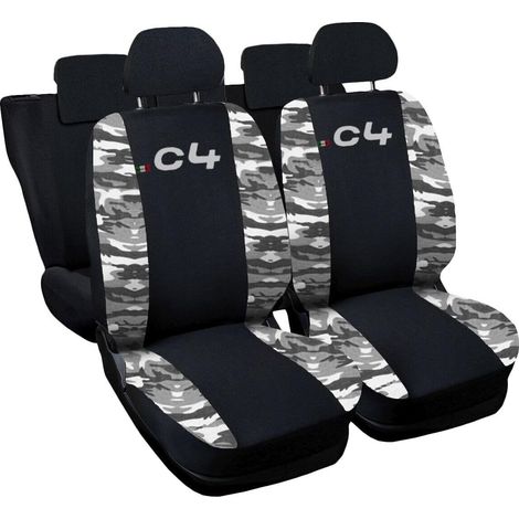 Lupex shop - Coprisedili Auto Compatibili per C4, Made In Italy, set di copri sedili anteriori e posteriori con copri poggiatesta incluso, tessuto poliestere, colore - Nero - Mimetico Chiaro