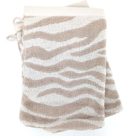 Lot de 2 gants de toilette 16x21 cm ZEBRA SOFT pur coton motif zèbre beige