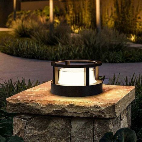 Borne Éclairage Extérieur,10cm,7W LED Lampe de Jardin Exterieur Ronde Ip65 Lampadaire Exterieur en Aluminium, Blanc Chaud, Borne Lumineuse Exterieure, Pour Chemins,Terrasse,Noir (1/4)