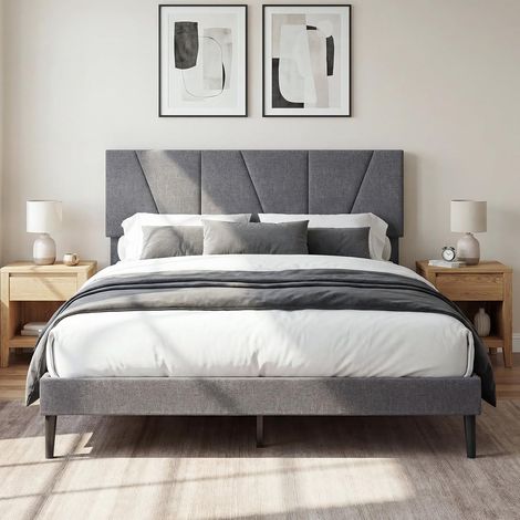 COSTWAY Struttura Letto Matrimoniale, Letto Piattaforma Rivestito in Lino con Testiera Regolabile in Altezza, Doghe in Legno a Supporto del Materasso, Silenzioso (200x160cm) (1/5)