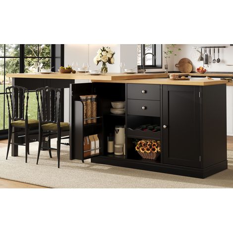 Îlot de cuisine extensible 120-1974074cm avec table pivotante 360°, casier à vin et étagères apéritif, portes magnétiques, gain de place, noir (1/5)