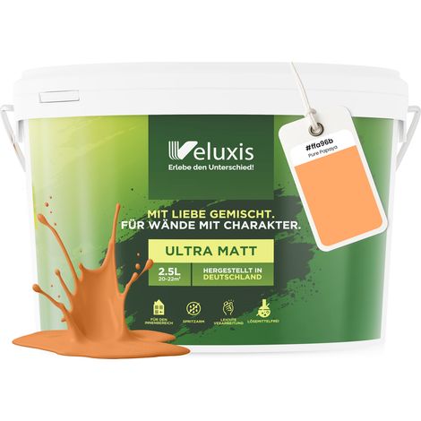 Wandfarbe Orange Gelb Rosa Matt Innenfarbe – Deckkraft Klasse 1, VOC-frei, Ohne Grundierung, Tropfarm – Wohnzimmer & Schlafzimmer – 2,5L – Veluxis (Pure Papaya)