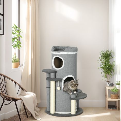Torre tiragraffi per gatti 99 cm con cuccia, pallina e piattaforme, grigio OKMYHOME (1/5)