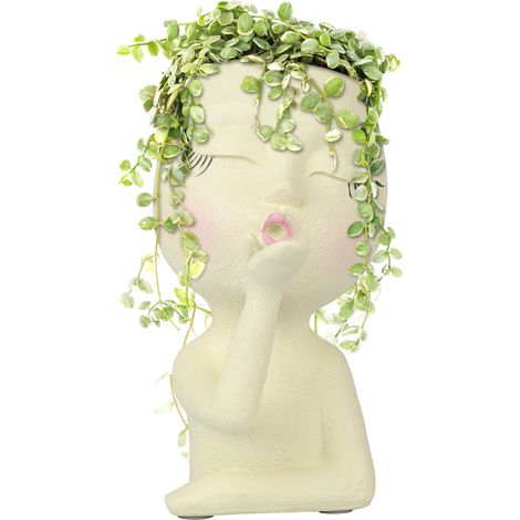 Pot de Fleur Artisanal Cérémonie en Résine Premium, Taille Large 10x12x21 cm (420g), Gris, Marron, Beige, Blanc - Décor d'Intérieur & Extérieur avec Visage Fermé (1/5)