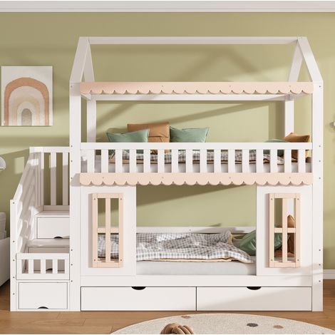 MEUBLIV Etagenbett 90x200 cm Weiß Natur – Hausform mit Stauraum, ohne Matratze (1/4)