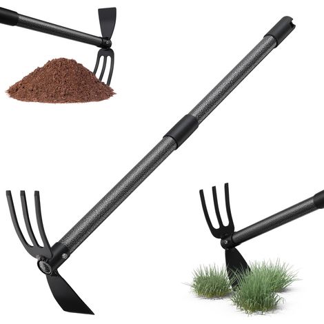 Binette de jardin avec manche de 76 cm, double binette multifonction avec 3 dents en métal, râteau de mauvaises herbes - Accessoire de jardin pour ameublir, aérer et désherber le sol (1/5)