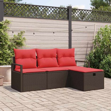 Sofa Set mit Kissen 4 pcs Braun und Rot Poly-Rattan (1/5)