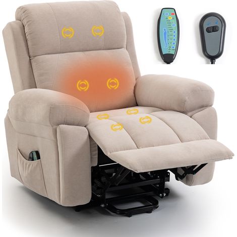 Fauteuil relax électrique inclinable et levant beige marron avec massage, chauffage, porte-gobelet et poches latérales, aide au lever pour personnes âgées (1/5)